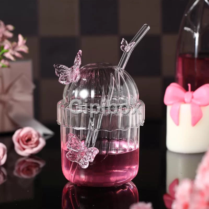 Butterfly Design Glass Mug with Handle – Aesthetic Heat Resistant Transparent Coffee & Tea Cup for Hot & Cold Drinks